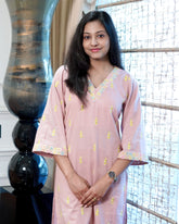 RUST PINK COTTON LEE EMBROIDERED KURTA SET